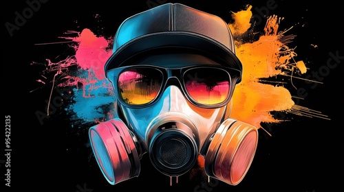 A gas mask with sleek sunglasses and a blank black baseball cap, featuring an old school tattoo-inspired graphic with vivid neon colors, thick black outlines, and cross-hatching details. The design