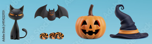 Halloween cute 3d character decor set. Smiling witch cat, flying black vampire bat wings, orange jack o lantern, carved smiling pumpkin, candy lollipop sweets and wizard hat. Scary spooky sticker set.