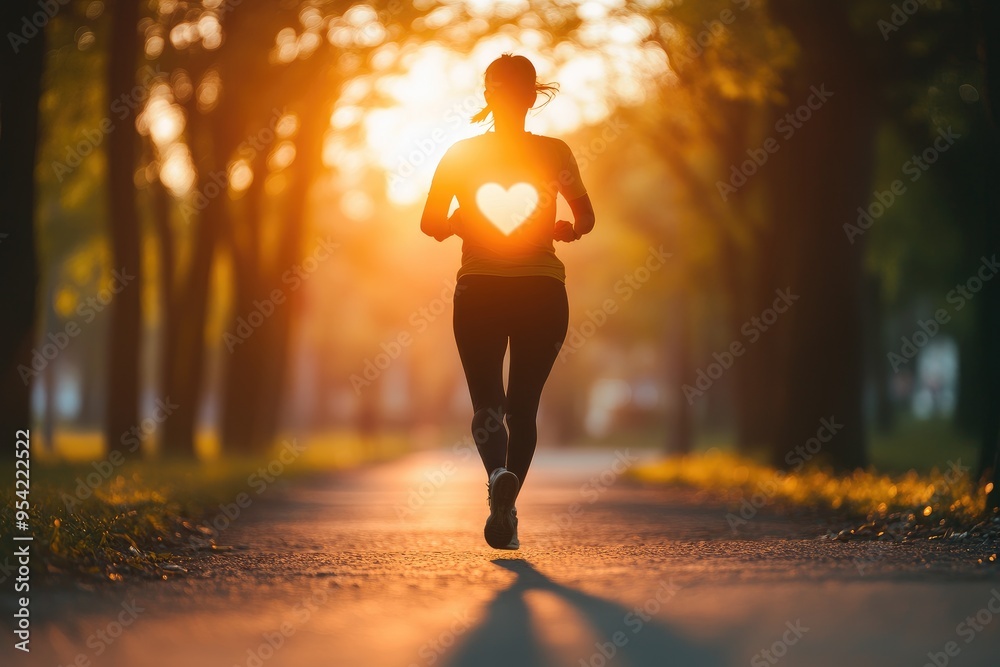 Morning Jog for Heart Health: Inspiring Runner with Transparent Heart Symbol at Sunrise in Park Morning Jog for Heart Health: Inspiring Runner with Transparent Heart Symbol at Sunrise in Park