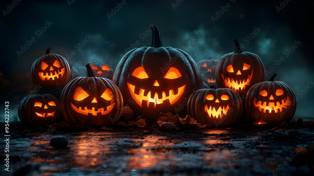 Jack-o-lanterns lit up with spooky smiles in the dark. Jack-o-lanterns lit up with spooky smiles in the dark.
