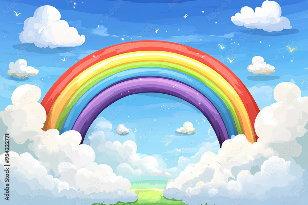 rainbow in blue sky white clouds, vector, 3d rendering rainbow in blue sky white clouds, vector, 3d rendering