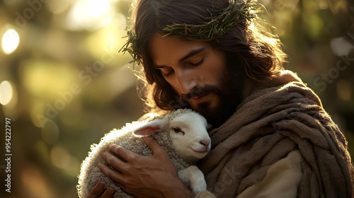 Jesus holding a lamb in his...