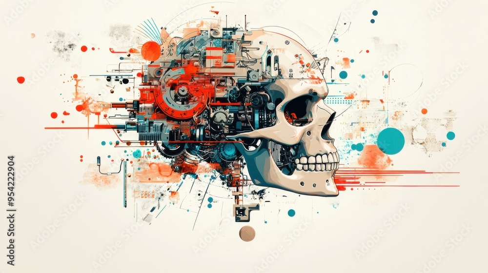 Obraz premium A surreal and grotesque robot skull caricature featuring mechanical parts and vintage tattoo patterns, positioned in the center of a white background, rendered with traditional tattoo ink techniques