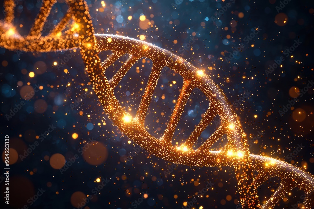 Glowing DNA made of golden particles against a dark background Glowing DNA made of golden particles against a dark background