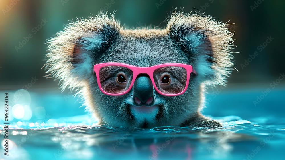 Koala with pink sunglasses in a pool. Koala with pink sunglasses in a pool.
