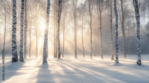 Snow-Covered Birch Trees with Sunbeams in a Winter Forest