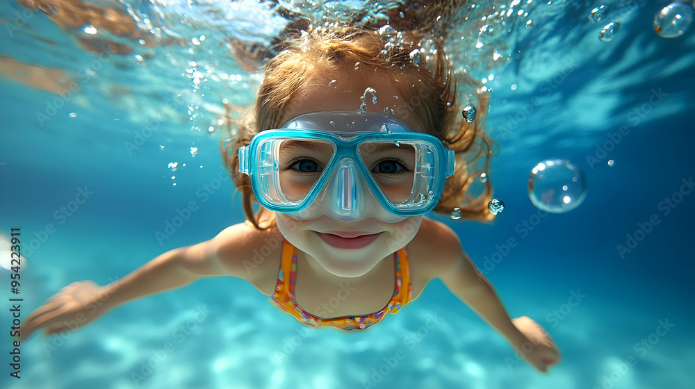 Fototapeta premium Little girl with goggles smiles underwater.
