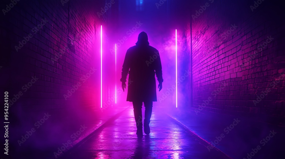 A mysterious figure walks through a neon-lit alley, surrounded by vivid colors and mist, creating an atmospheric and dramatic scene. A mysterious figure walks through a neon-lit alley, surrounded by vivid colors and mist, creating an atmospheric and dramatic scene.