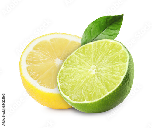 Fresh lemon, lime and green leaf isolated on white