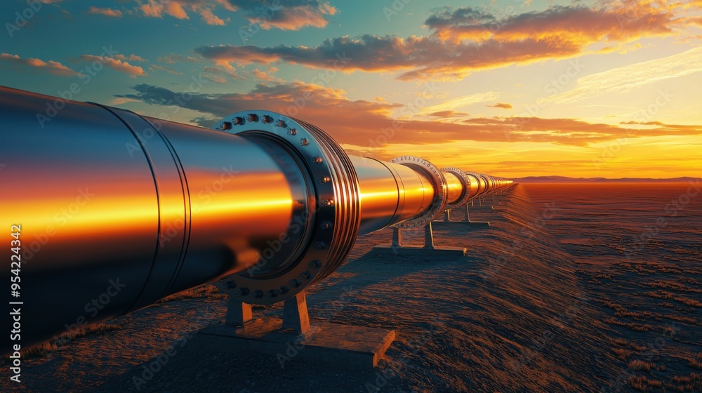 A modern, large-diameter pipeline runs through a vast, empty plain, showcasing its clean, polished exterior. The photo captures the pipe is intricate details and reflective surface, A modern, large-diameter pipeline runs through a vast, empty plain, showcasing its clean, polished exterior. The photo captures the pipe is intricate details and reflective surface,