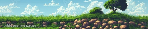 Pixel Art Spring Summer Nature Landscape, Video Game Outdoor Platformer Asset Background, 8bit Retro Trees Grass Meadow Blue Sky Backdrop, Side-scroller Side View Pixelated Valley photo