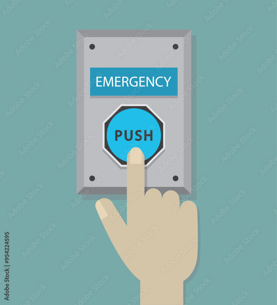 Abstract human right hand index finger pressing blue emergency push button on the teal wall top view flat design Abstract human right hand index finger pressing blue emergency push button on the teal wall top view flat design