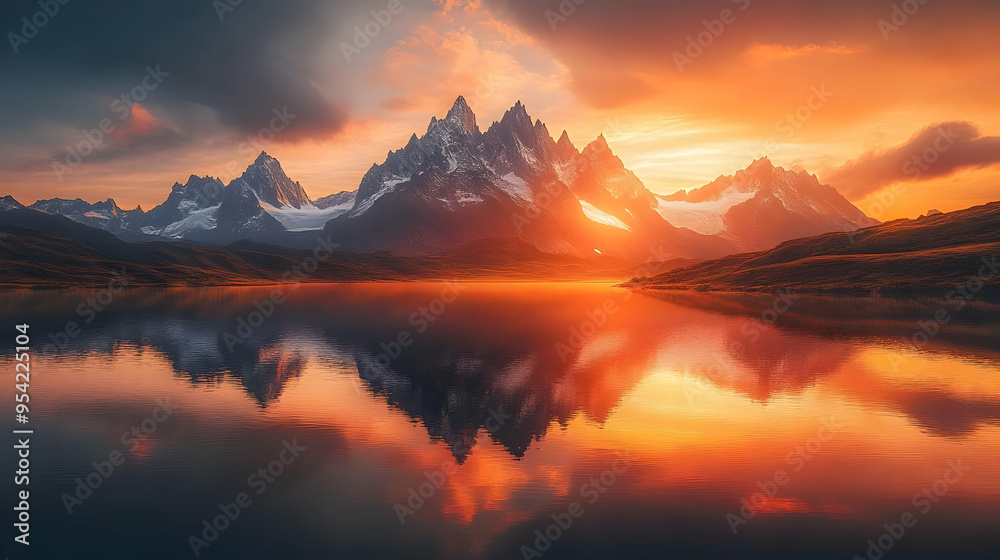 Majestic mountain range reflected in calm lake water during vibrant sunset. Majestic mountain range reflected in calm lake water during vibrant sunset.