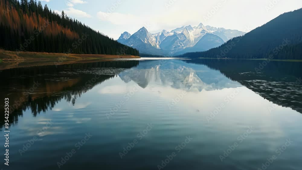 Tranquil Mountain Lake With Reflections of Snowy Peaks and Forests Tranquil Mountain Lake With Reflections of Snowy Peaks and Forests