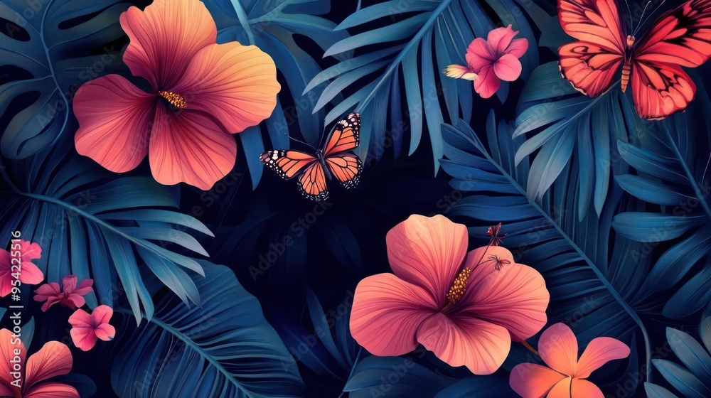 A close-up of vibrant pink flowers with tropical leaves against a dark background, A close-up of vibrant pink flowers with tropical leaves against a dark background,