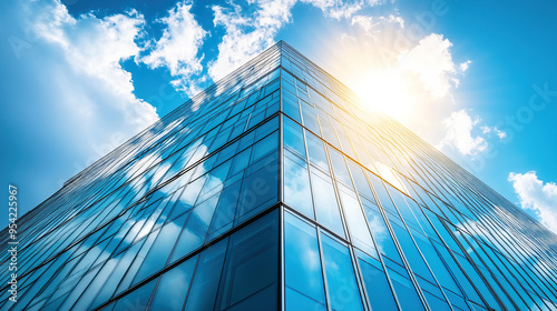 A tall building with blue glass windows reflects the sky,