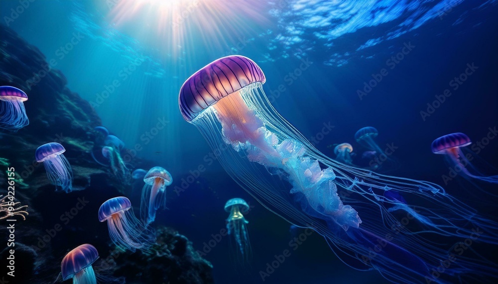 Fototapeta premium Bioluminescent Symphony: A mesmerizing underwater ballet of pink and blue jellyfish, their ethereal glow illuminating the deep ocean. A surreal and captivating scene of marine life. 