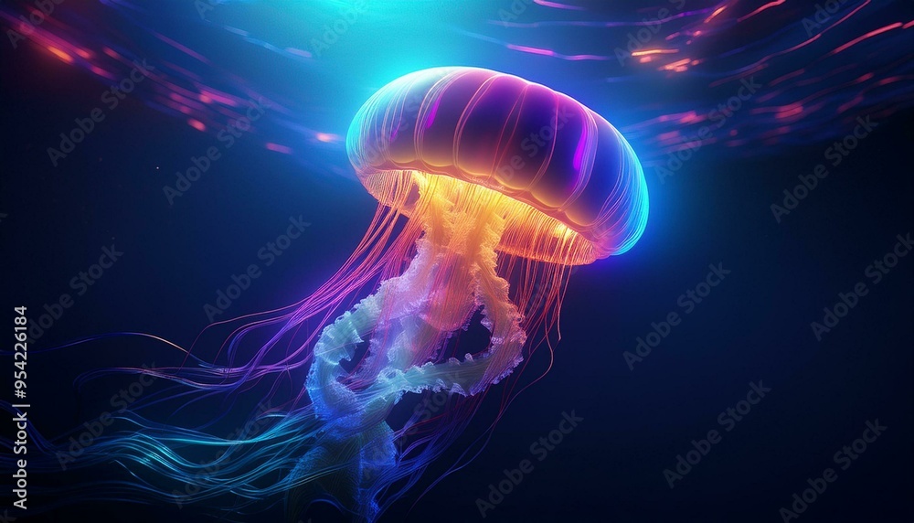 Naklejka premium Bioluminescent Symphony: A mesmerizing underwater ballet of pink and blue jellyfish, their ethereal glow illuminating the deep ocean. A surreal and captivating scene of marine life.