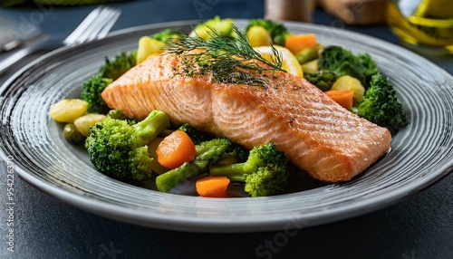 salmon steak with vegetables, grilled salmon with vegetables, grilled steak with vegetables