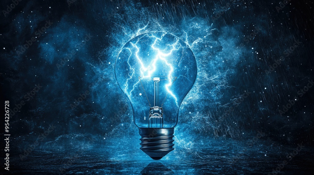 A blue light bulb illuminated with a lightning strike behind it, symbolizing energy and power. A blue light bulb illuminated with a lightning strike behind it, symbolizing energy and power.