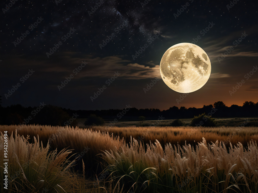 Fototapeta premium Harvest moon and silver grass field