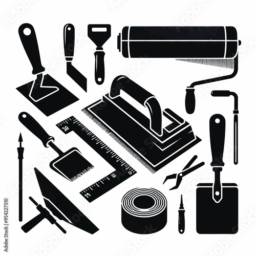 silhouette set of tools used in flooring installation, such as a floor scraper, trowel, and measuring tape