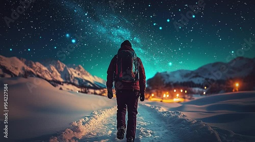 Backpacker Traveler Man Walking on a Snowy Path in a Winter Background With Snowy Mountains and a Cosmic Blue Starry Sky
 photo