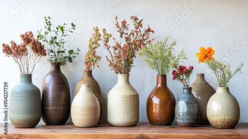 A variety of handmade ceramic vases, each with a unique vintage design, arranged in a collection.