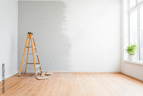 A bright and minimal room with a partially painted wall, ladder, and natural light streaming in, perfect for renovation projects.