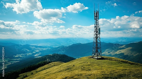 Antenna signal tower on a mountain hill, rural landscape around with natural scenery, symbolizing connection in remote areas photo