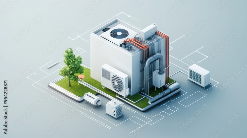 A modern air conditioning unit depicted in an isometric view, featuring a sleek design and green landscaping. A modern air conditioning unit depicted in an isometric view, featuring a sleek design and green landscaping.