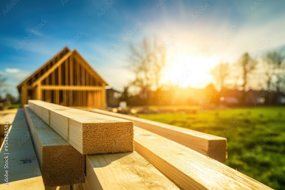 A vibrant sunset over a construction site with wooden beams ready for building a house, symbolizing new beginnings. A vibrant sunset over a construction site with wooden beams ready for building a house, symbolizing new beginnings.