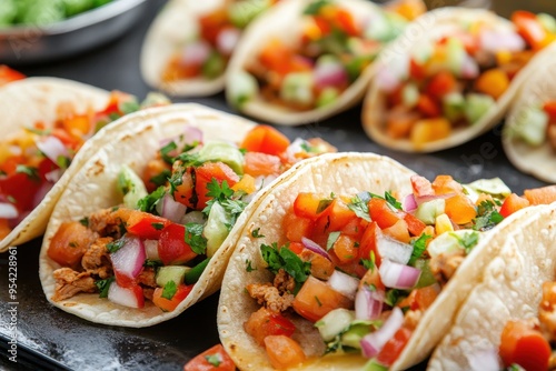 Deliciously prepared tacos filled with fresh vegetables, perfect for showcasing vibrant Mexican cuisine in culinary stock images. photo