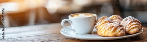 Enjoy a warm cup of coffee paired with delicious pastries on a rustic table. Perfect for breakfast or a cozy snack time.