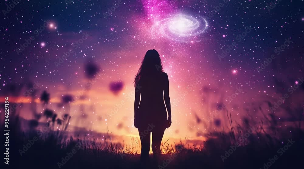 Silhouette of a Beautiful Woman in a Cosmic Meadow Under a Purple ...