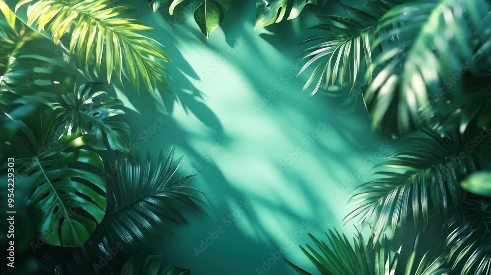 A serene and lush tropical paradise with palm fronds, sunlight filtering through the canopy, A serene and lush tropical paradise with palm fronds, sunlight filtering through the canopy,