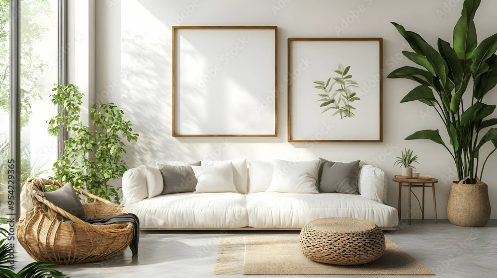 Minimalist living room with a white sofa, wicker chair, and a potted plant. Minimalist living room with a white sofa, wicker chair, and a potted plant.