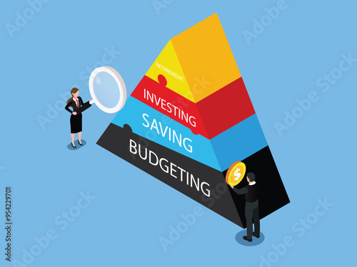 Planning with budgeting, saving, investing and retirement levels on labeled pyramid 3d isometric vector illustration