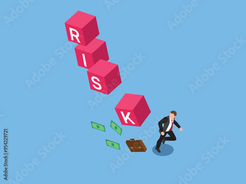 Businessman investor run away from risk collapsing box, uncertainty 3d isometric vector illustration