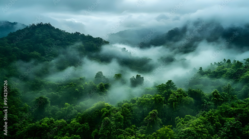 Obraz premium Misty morning fog over a lush green forest.