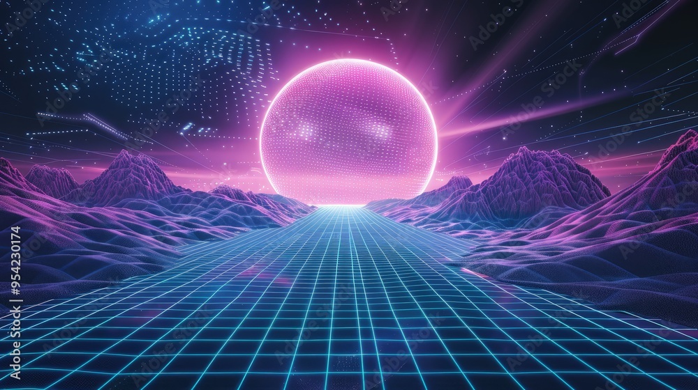 A vibrant, futuristic landscape featuring a glowing sun and grid-like terrain. A vibrant, futuristic landscape featuring a glowing sun and grid-like terrain.
