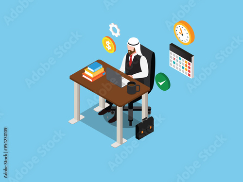 Arabian businessman sits at workplace 3d isometric vector illustration