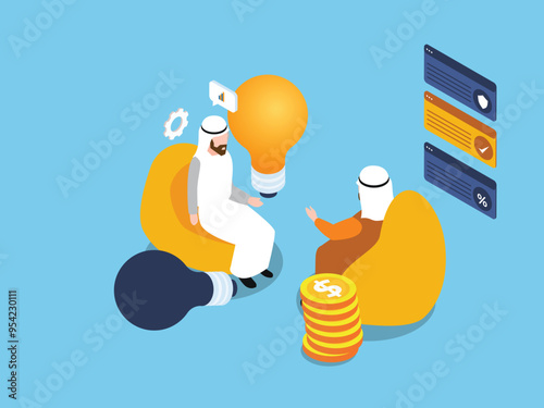Negotiations or brainstorming between muslim business people 3d isometric vector illustration
