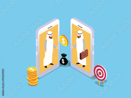 Arabian businessmen use online money transfer -  Internet banking, financial technology 3d isometric vector illustration
