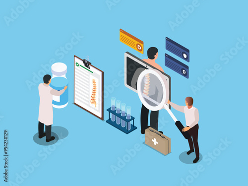  Doctors looking for effective treatment for different degrees of scoliosis - Orthopedic 3d isometric vector illustration