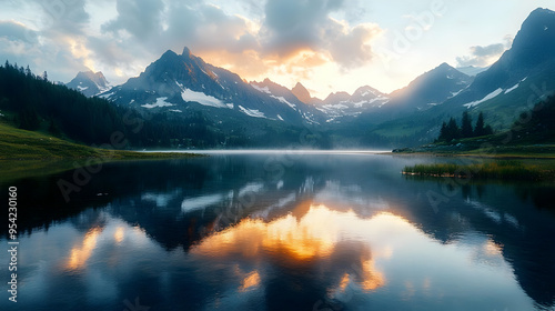 Misty morning reflection of mountain peaks on a still lake.