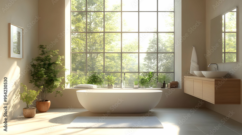 Modern bathroom with freestanding bathtub, large window, and wooden vanity. Modern bathroom with freestanding bathtub, large window, and wooden vanity.