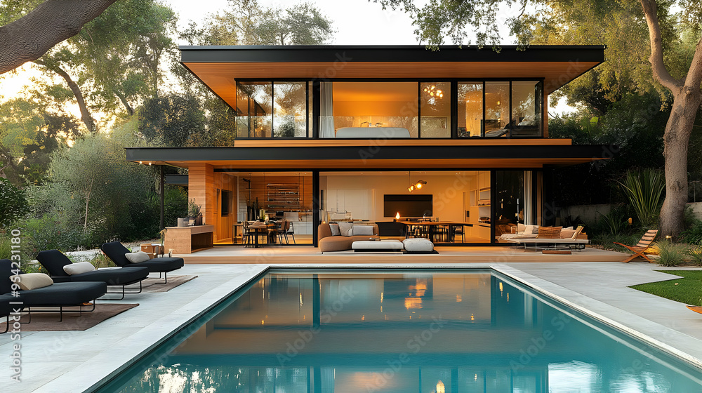 Fototapeta premium Modern home with a swimming pool and large windows.