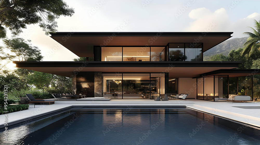Fototapeta premium Modern house with a pool and patio.