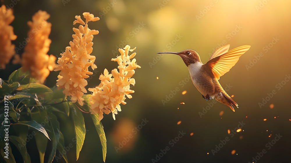 Fototapeta premium Hummingbird in Flight with Yellow Flowers and Golden Sunlight